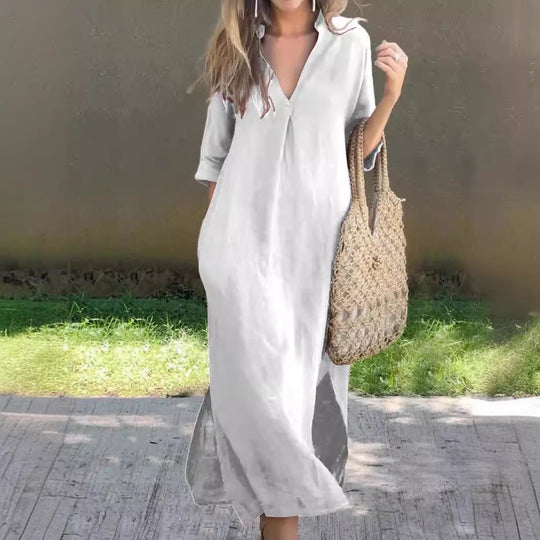 Damen Maxi-Kleid mit eleganter V-Ausschnitt und praktischen Taschen