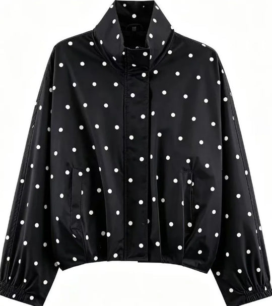 Damen Gepunktete Cropped Blousonjacke mit Stehkragen, elastischem Saum und verdeckter Knopfleiste Nord Taschen