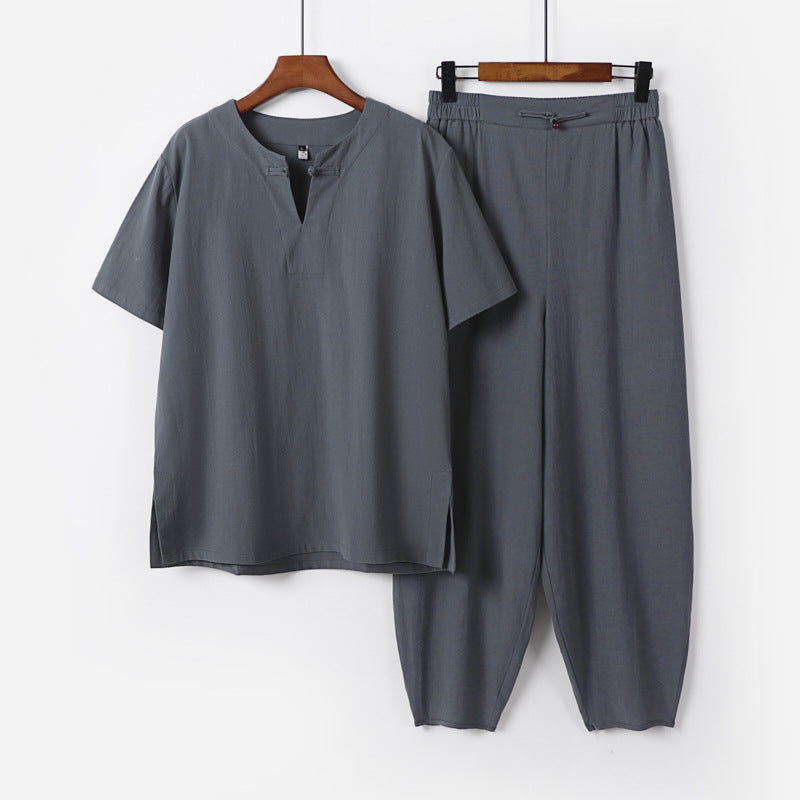Herren Zweiteiliges Set mit Kurzarm-Stehkragenhemd und elastischer Haremshose Nord Taschen