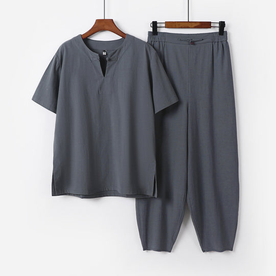 Herren Zweiteiliges Set mit Kurzarm-Stehkragenhemd und elastischer Haremshose Nord Taschen