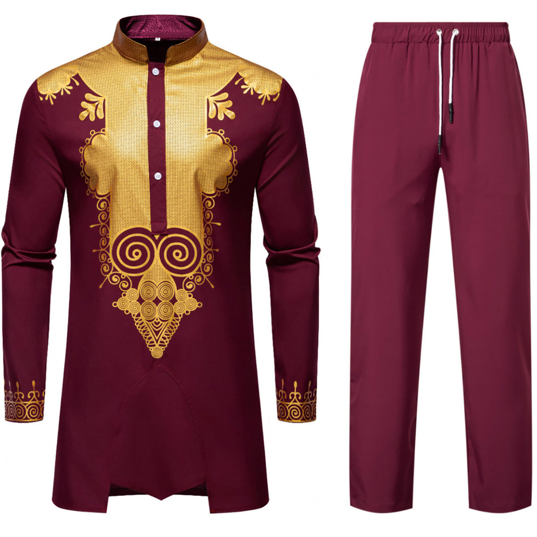 Herren Traditionelles Tunika-Set mit Mandarinkragen und goldverzierten Ornamenten Nord Taschen