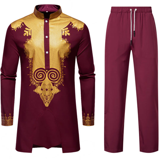 Herren Traditionelles Tunika-Set mit Mandarinkragen und goldverzierten Ornamenten Nord Taschen