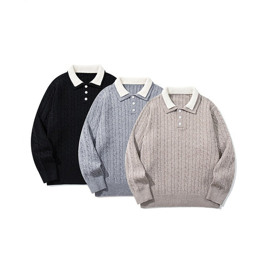 Herren Grobgestrickter Polokragen-Pullover mit Zopfmuster und Knopfleiste Nord Taschen