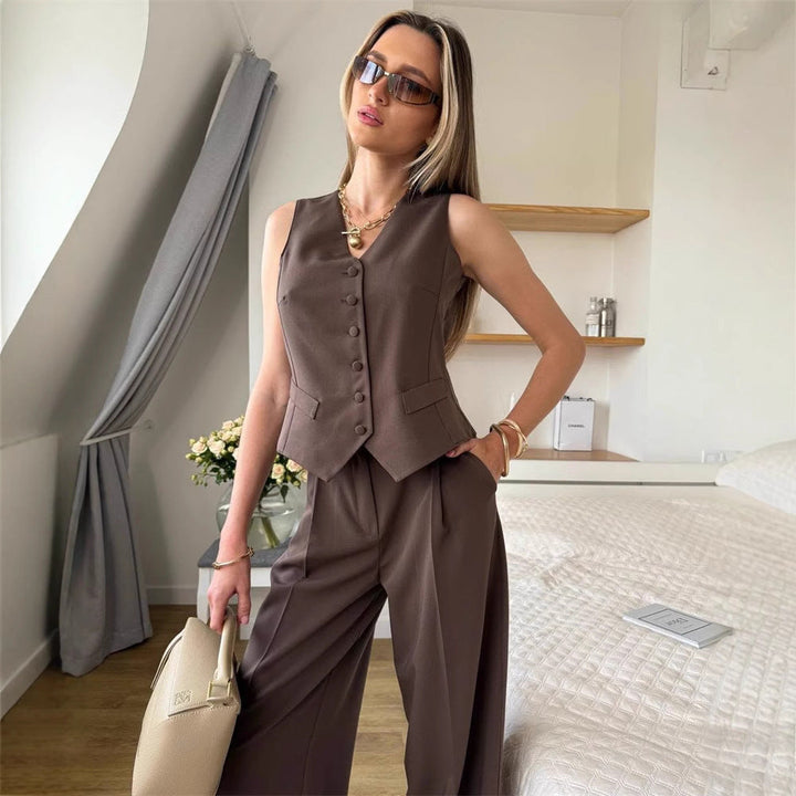 Damen elegantes 3-teiliges Anzug-Set mit ärmelloser Weste und weiten Hosen Nord Taschen