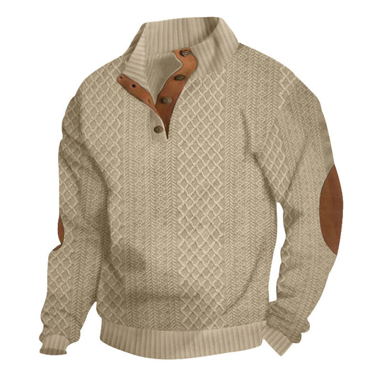 Herren Strukturierter Aran-Strickpullover mit halbem Knopfleistenkragen und Leder-Ellbogenpatches Nord Taschen