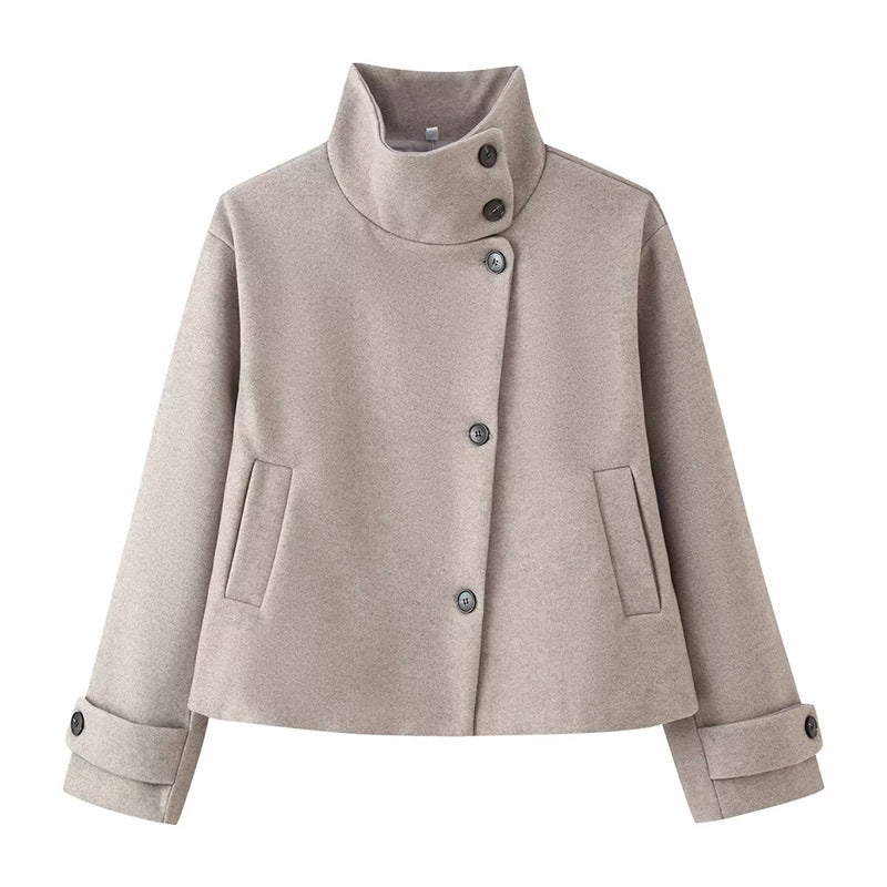 Damen kurze Boxy-Wolljacke mit Stehkragen und Manschetten Nord Taschen
