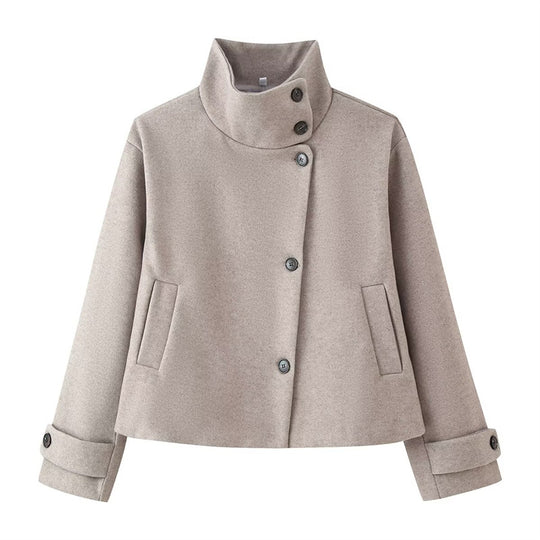 Damen kurze Boxy-Wolljacke mit Stehkragen und Manschetten Nord Taschen