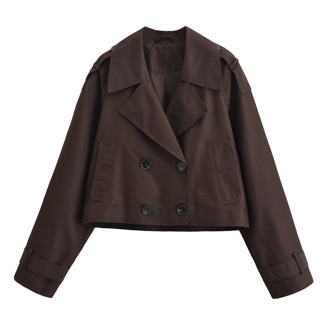 Damen Cropped Manteljacke im Trenchstil mit doppelreihiger Knopfleiste und Schulterklappen Nord Taschen