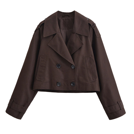 Damen Cropped Manteljacke im Trenchstil mit doppelreihiger Knopfleiste und Schulterklappen Nord Taschen
