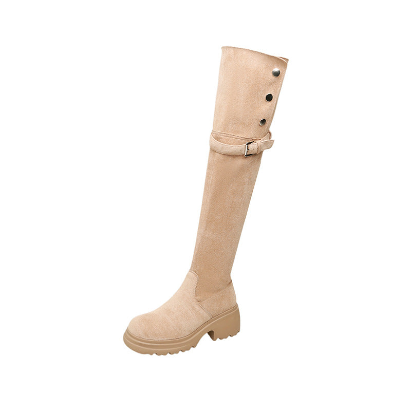 Damen kniehohe Worker‑Stiefel mit umklappbarem Teddy‑Bündchen und sculpted Plateau‑Absatz Nord Taschen