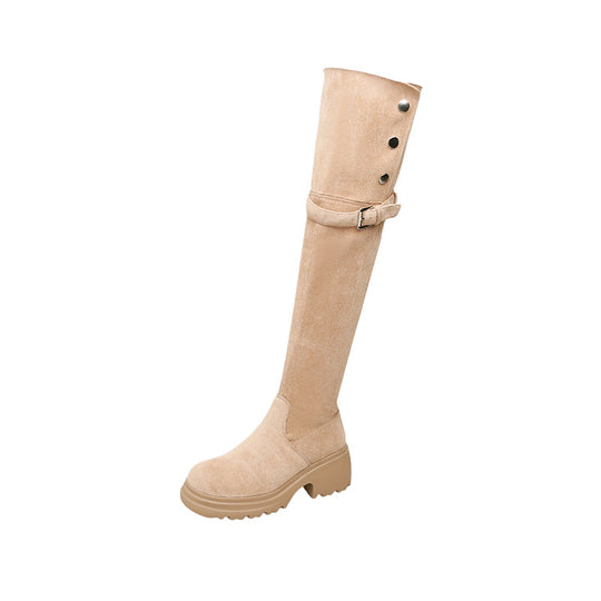 Damen kniehohe Worker‑Stiefel mit umklappbarem Teddy‑Bündchen und sculpted Plateau‑Absatz Nord Taschen