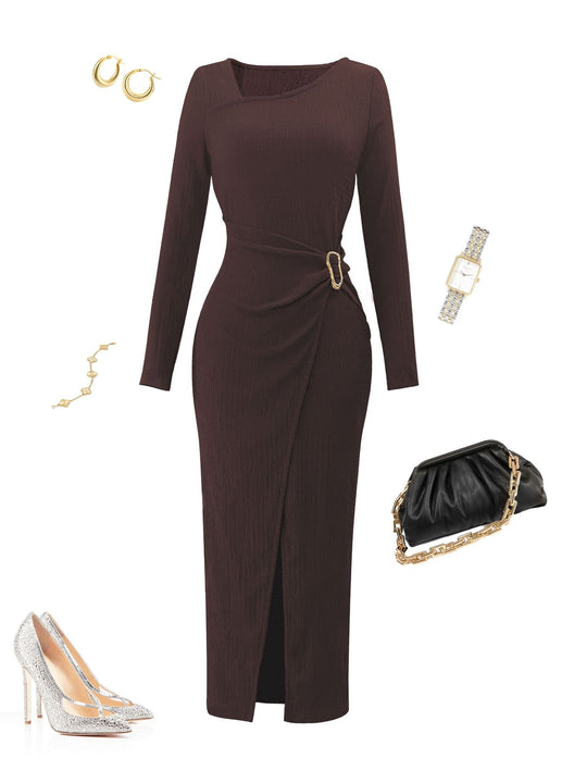 Damen asymmetrisches Wickel-Midikleid mit Ziergürtel, Drapierung und hohem Beinschlitz Nord Taschen