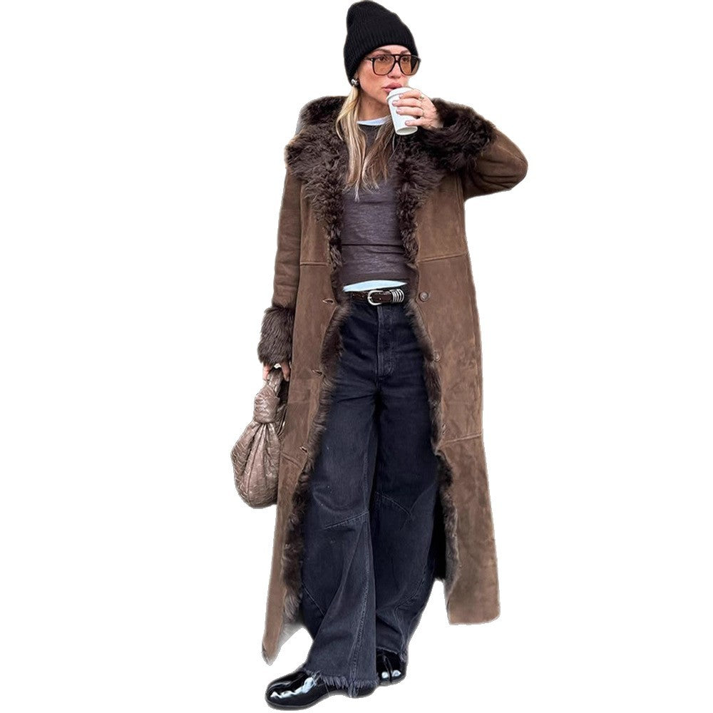 Damen Maxilanger Kunstvelours-Mantel im Shearling-Stil mit Schalkragen und Knopfleiste Nord Taschen