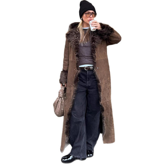 Damen Maxilanger Kunstvelours-Mantel im Shearling-Stil mit Schalkragen und Knopfleiste Nord Taschen