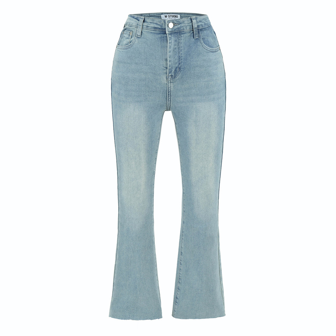Damen Highwaist-Schlaghose aus Stretch-Denim mit fünf Taschen und rohem Saum Nord Taschen