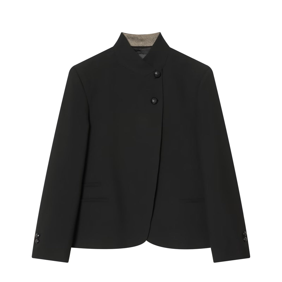 Damen Taillierter Kurzblazer mit Stehkragen und asymmetrischer Knopfleiste Nord Taschen