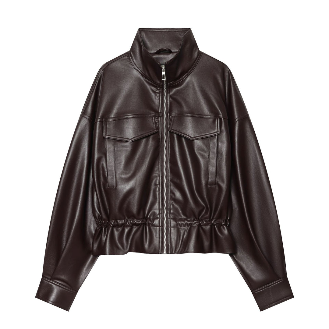 Damen Cropped Kunstlederjacke mit hohem Stehkragen, aufgesetzten Brusttaschen und Tunnelzug-Taille Nord Taschen