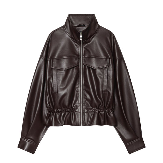 Damen Cropped Kunstlederjacke mit hohem Stehkragen, aufgesetzten Brusttaschen und Tunnelzug-Taille Nord Taschen