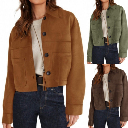 Damen kurze Wildleder-Optik Jacke mit aufgesetzten Taschen und Hemdkragen Nord Taschen
