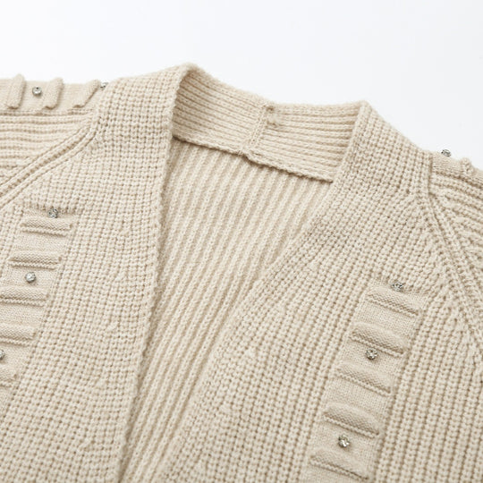 Damen Grobstrick-Cardigan mit Strassbesatz, Flechtkordel und offenem V-Ausschnitt Nord Taschen
