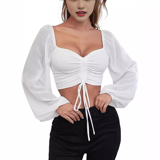 Damen Crop-Top mit strukturiertem Körper und eleganten Puffärmeln