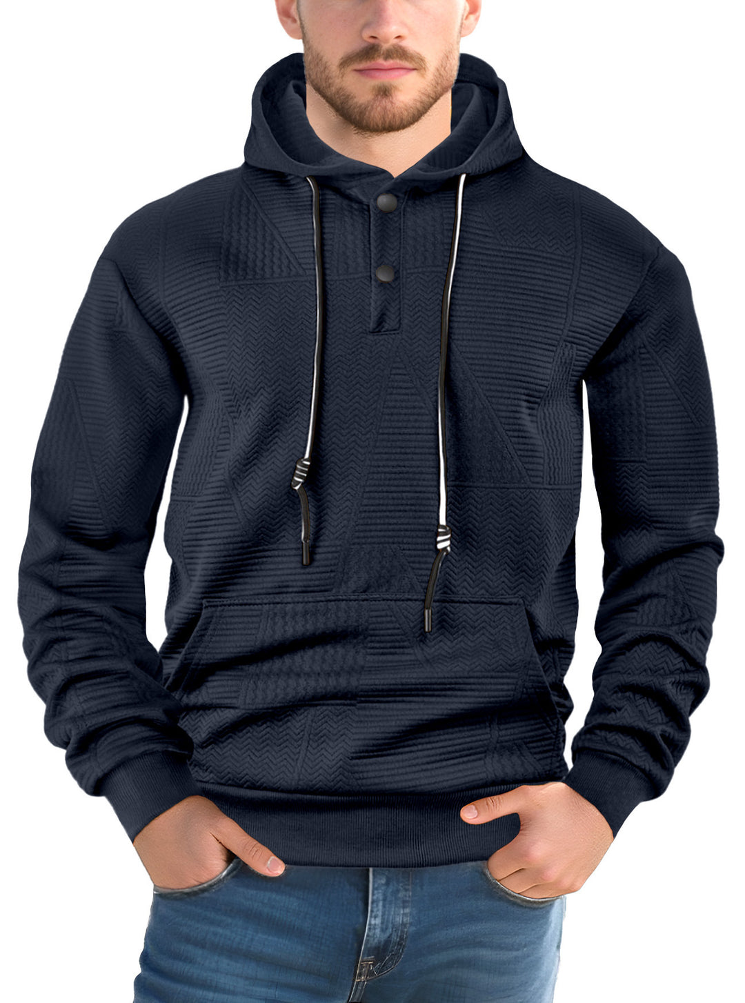 Herren Texturierter Kapuzenpullover mit gesteppter Patchstruktur und Druckknopfleiste Nord Taschen