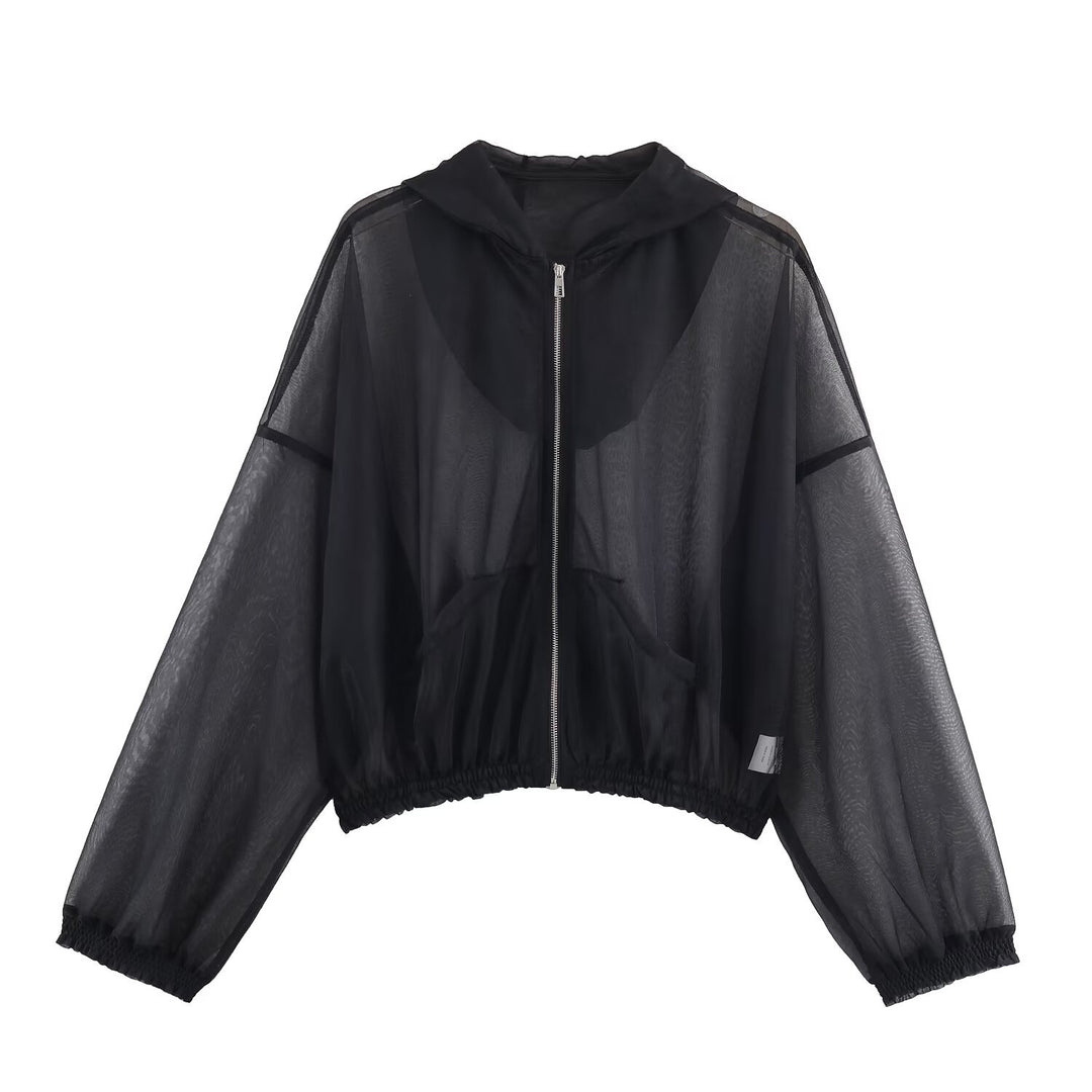 Damen Transparente Mesh-Trainingsjacke mit Kapuze, durchgehendem Reißverschluss und elastischem Saum Nord Taschen