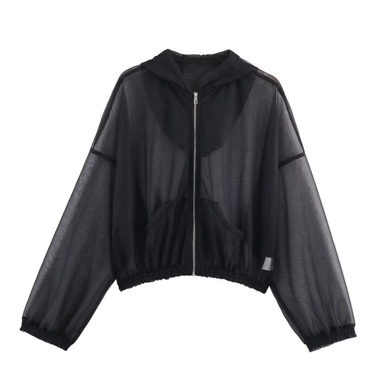 Damen Transparente Mesh-Trainingsjacke mit Kapuze, durchgehendem Reißverschluss und elastischem Saum Nord Taschen