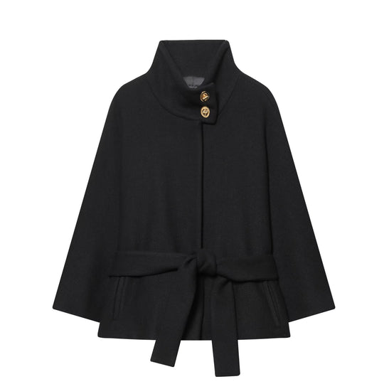Damen Kurzes Cape‑Mantel mit Stehkragen, Taillengürtel und Zierknöpfen Nord Taschen