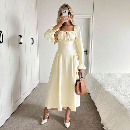 Damen romantisches Midikleid mit Korsagen-Taille, Quadratausschnitt und voluminösen Ärmeln Nord Taschen