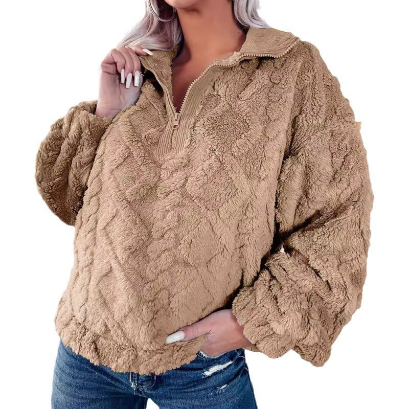 Damen Plüschpullover im Teddy-Look mit halbem Reißverschluss und strukturierter Rautenoptik Nord Taschen