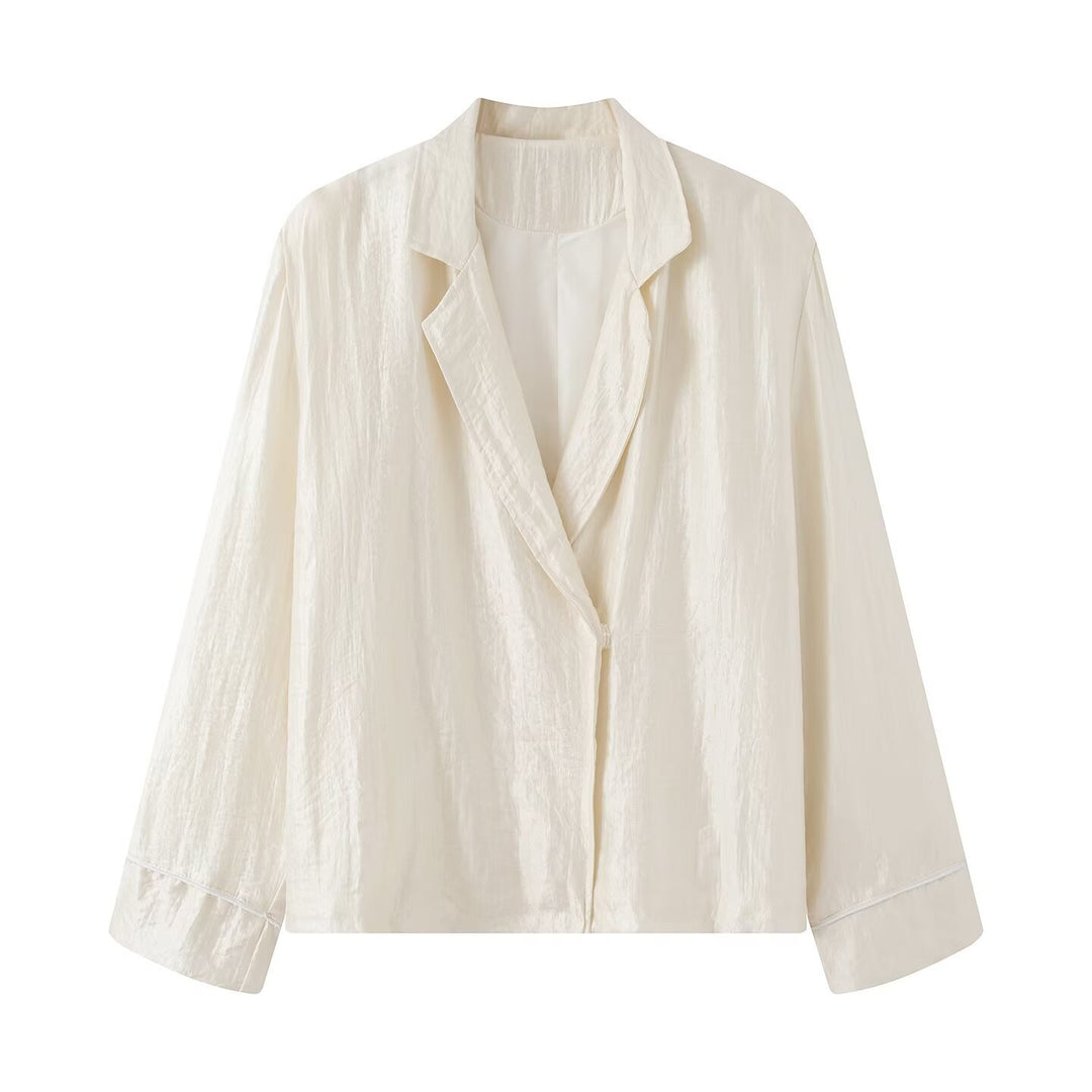 Damen Zweiteiliges Satin-Pyjama-Set mit Blazer-Oberteil und elastischer Bundhose Nord Taschen