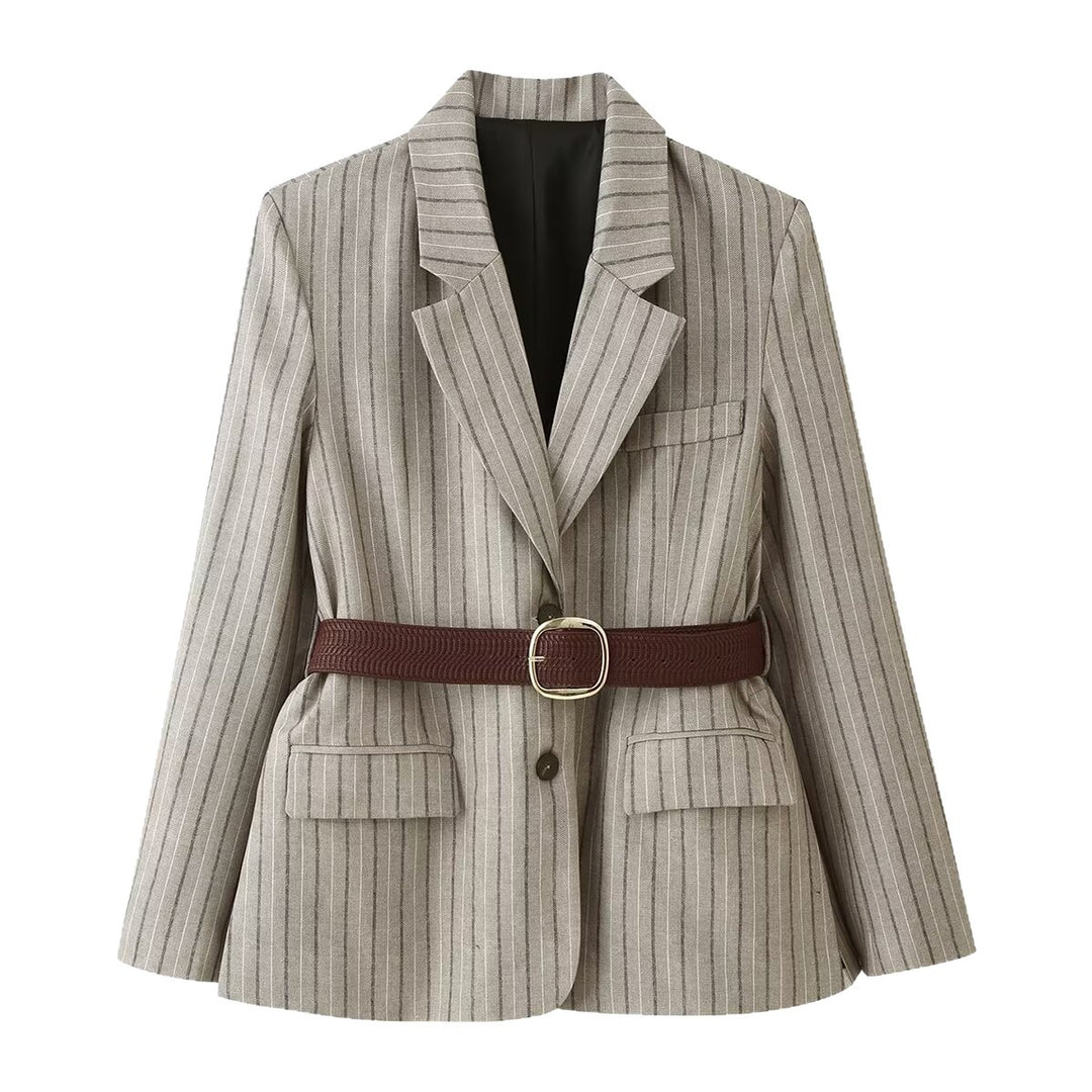 Damen Taillierter Nadelstreifen-Blazer mit Pattentaschen und Taillengürtel Nord Taschen