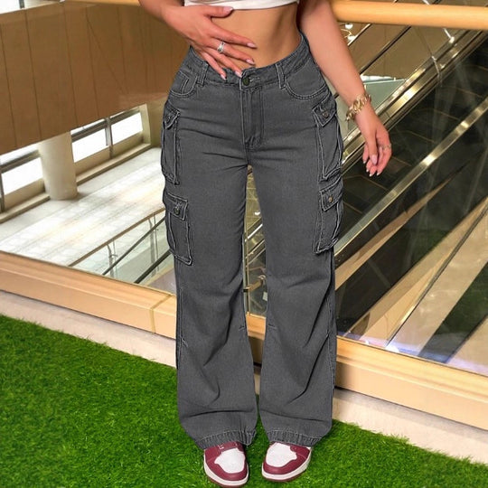 Damen Cargo-Denim-Hose mit weitem Bein, hoher Taille & multifunktionalen Klappentaschen Nord Taschen