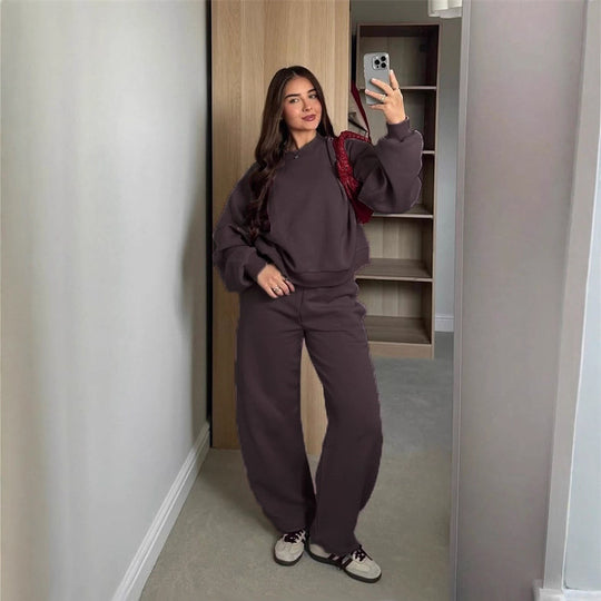 Damen Cropped-Sweatshirt mit hohem Rundhalsausschnitt und elastischer Tunnelzug Wide-Leg Jogginghose Set Nord Taschen