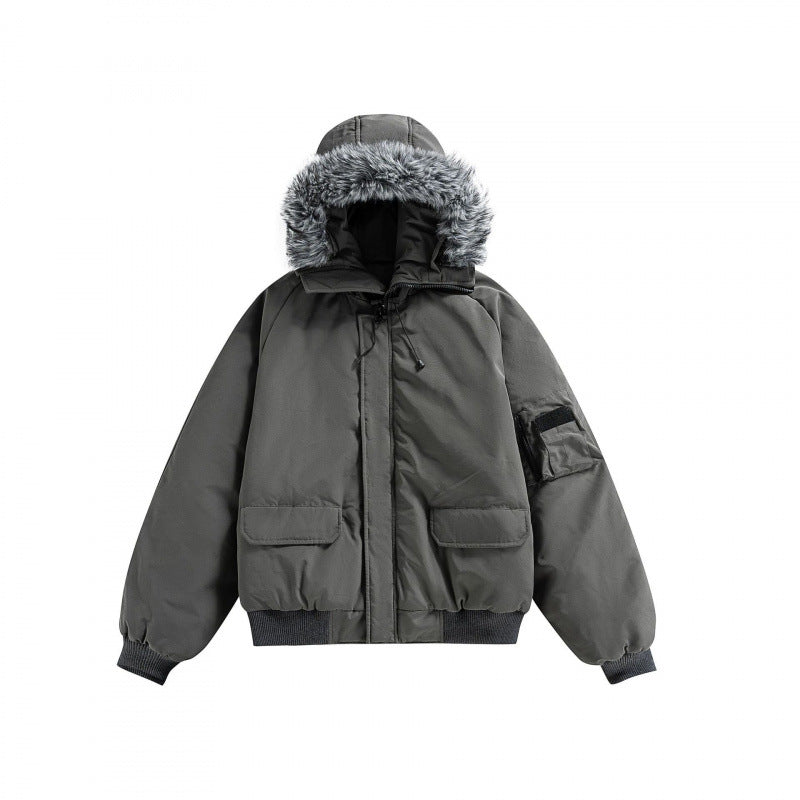 Unisex Wattierte Bomberjacke mit Kunstfellkapuze, geripptem Saum und Utility-Taschen Nord Taschen