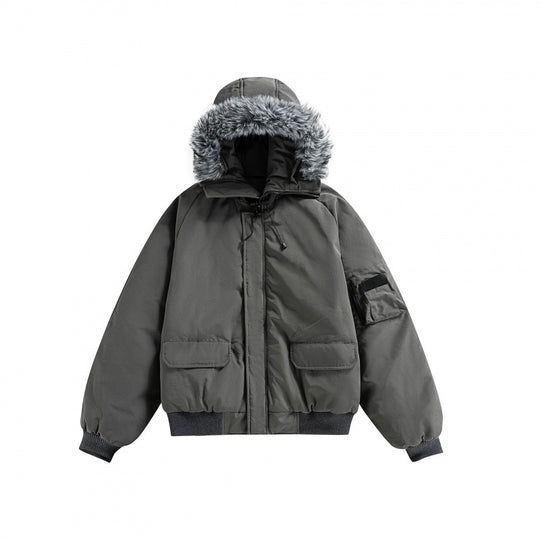 Unisex Wattierte Bomberjacke mit Kunstfellkapuze, geripptem Saum und Utility-Taschen Nord Taschen