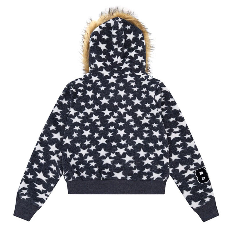 Damen Kapuzen-Sherpajacke mit Sternenprint, Reißverschluss und Kunstpelzbesatz Nord Taschen