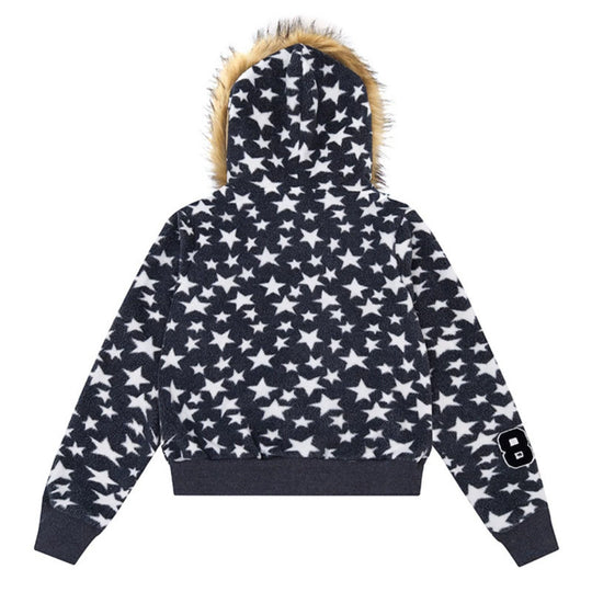 Damen Kapuzen-Sherpajacke mit Sternenprint, Reißverschluss und Kunstpelzbesatz Nord Taschen