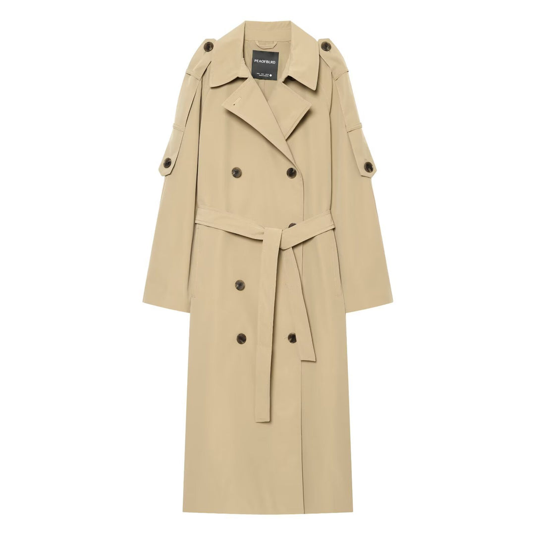Damen Doppelreihiger Trenchcoat mit abnehmbaren Cape-Ärmeln und Taillengürtel Nord Taschen
