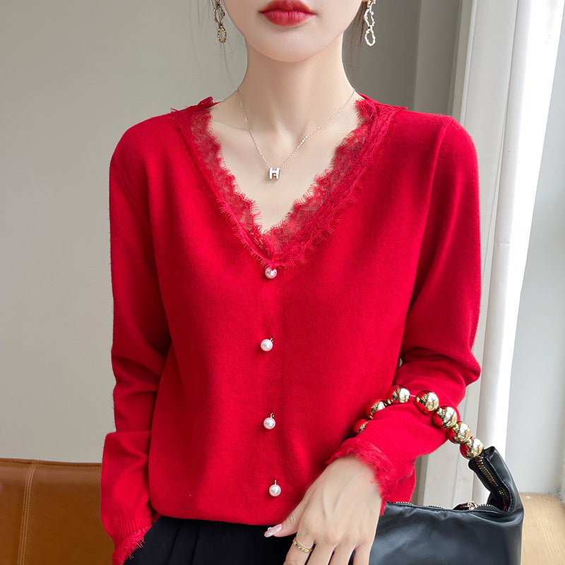 Damen Zarter V-Ausschnitt-Feinstrickcardigan mit floraler Spitzenkante und Perlenverzierung Nord Taschen