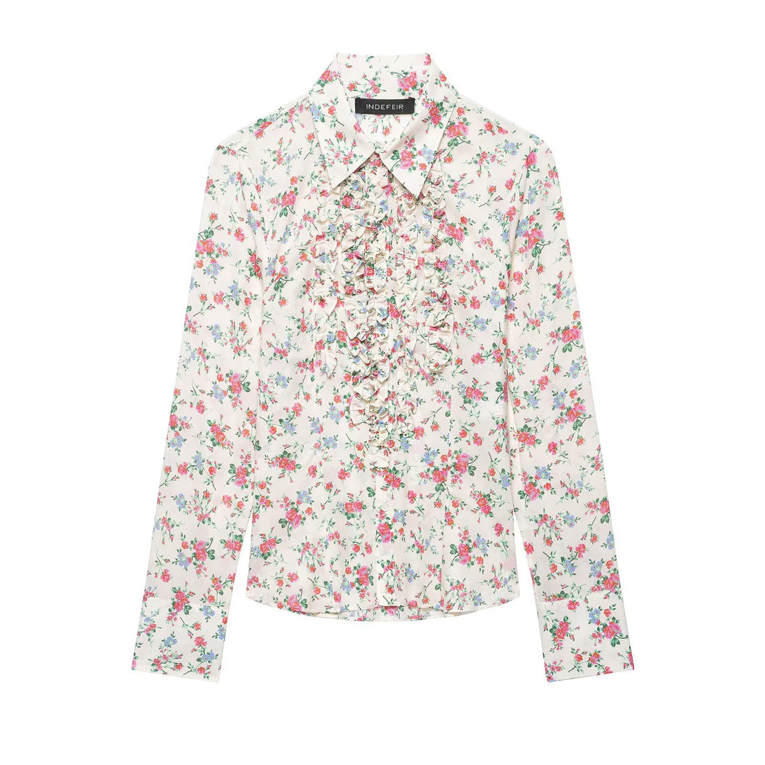Damen Rüschenbluse mit floralem Allover-Print und Hemdkragen Nord Taschen