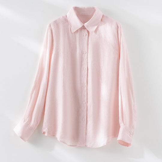 Damen Locker fallende Leinenmix-Bluse mit Hemdkragen und Manschetten Nord Taschen