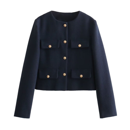 Damen Bouclé-Cropped-Jacke mit vier Pattentaschen und goldenen Schmuckknöpfen Nord Taschen