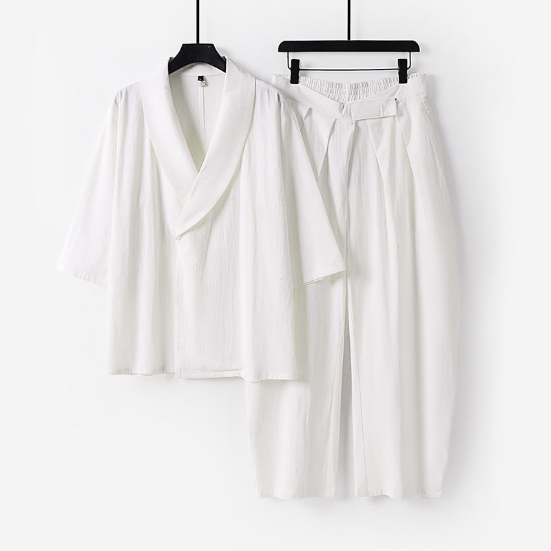 Damen Zweiteiliges Kimono-Loungewear-Set mit Schalkragen Kurzarm-Oberteil und hochtaillierter Plissee-Hose Nord Taschen