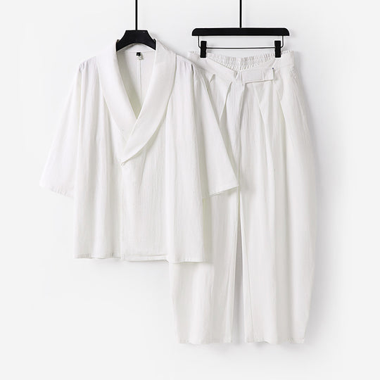 Damen Zweiteiliges Kimono-Loungewear-Set mit Schalkragen Kurzarm-Oberteil und hochtaillierter Plissee-Hose Nord Taschen