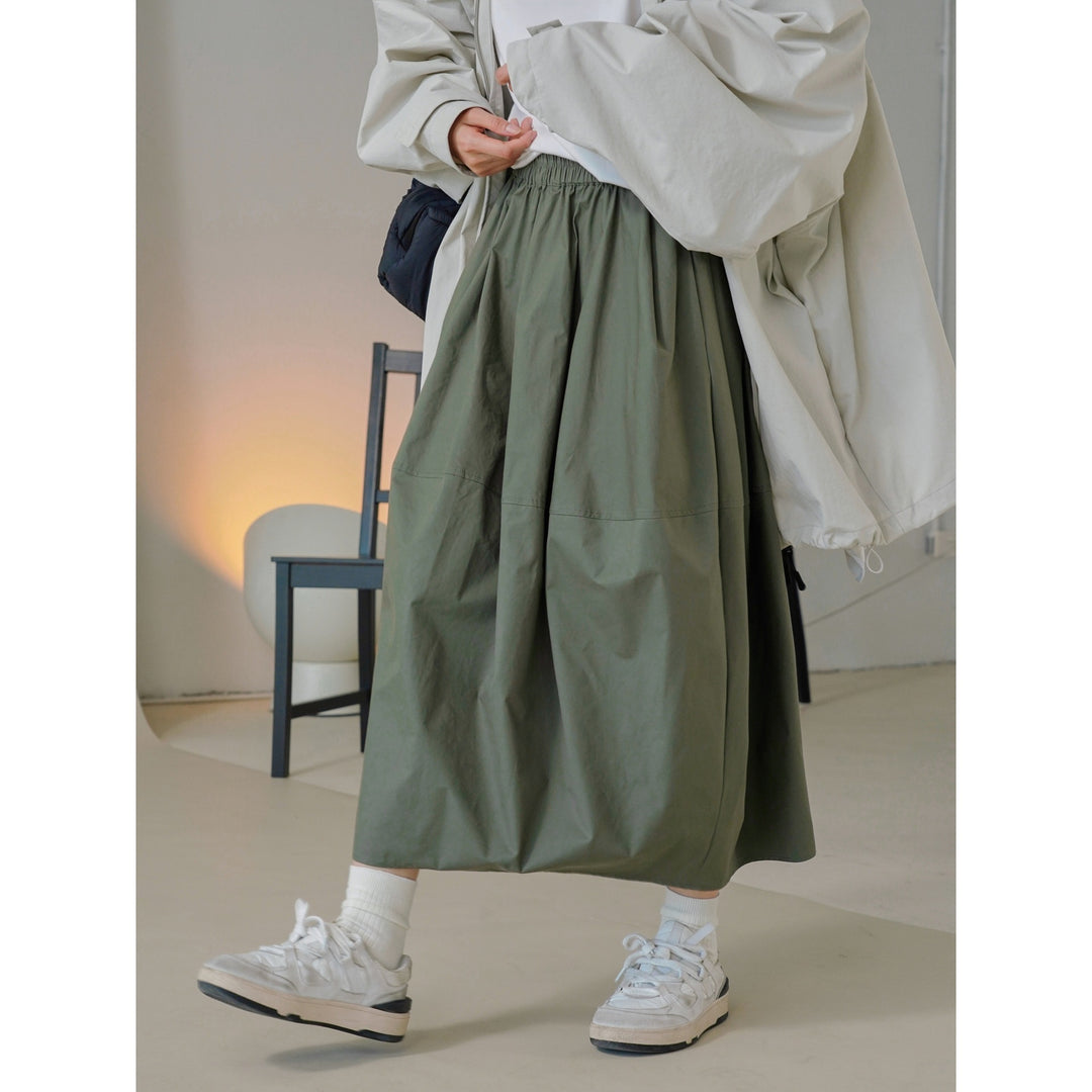 Damen Weit schwingender High‑Waist Midi‑Rock aus Baumwoll‑Twill mit elastischem Bund Nord Taschen