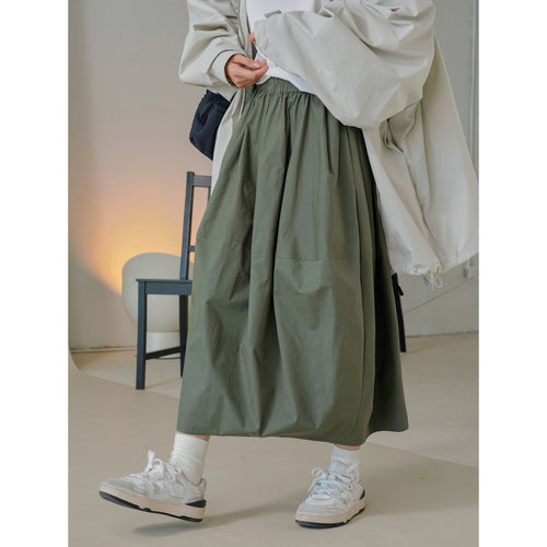 Damen Weit schwingender High‑Waist Midi‑Rock aus Baumwoll‑Twill mit elastischem Bund Nord Taschen