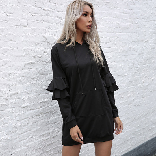 Damen Oversize-Kapuzenkleid mit zweistufigen Volantärmeln und Eingrifftasche Nord Taschen