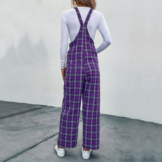 Damen Lässiger Karierter Jumpsuit mit breitem Bein und verstellbaren Trägern Nord Taschen